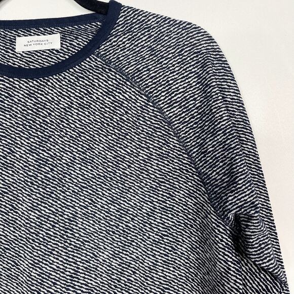 Saturdays New York City Mens Small Navy Blue White Zebra Knit Crew Neck Sweater - Picture 3 of 8